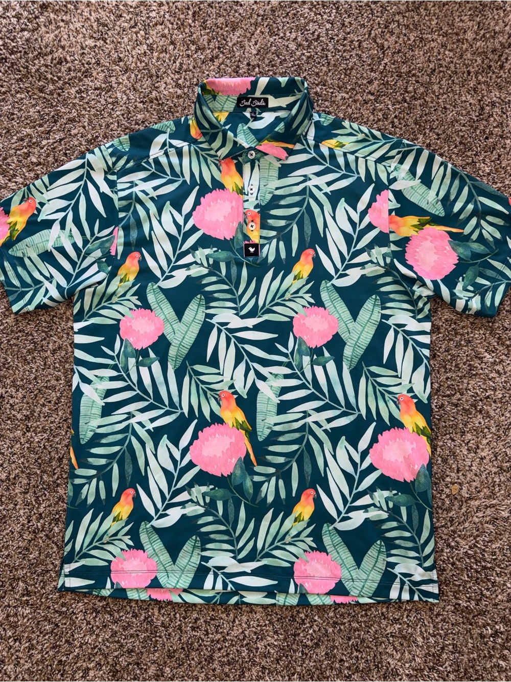 Bad Birdie Mens Polo Shirt Men Golf Parrot Hawaiian Stretch Floral Short Sleeve
